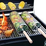 LANEJOY Rollendes Grillkörbe mit Griff (2 Stück, 24cm x 10.9cm), 304 Edelstahl Rolling Grilling Basket für Außengrill, Tragbare Grillnetze für Gemüse, Garnelen, Hähnchen, Grillzubehör