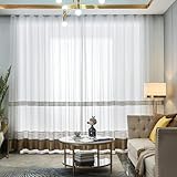 BCughia Durchsichtige Vorhänge Transparent, Vorhänge Geometrisch Gestickt Patchwork Gardinen Vorhang Fenster 2er Set H 115 x B 132 cm, Weiß Kaffee