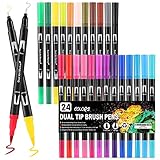 Mzh Art Dual Brush Pen Set 24 Farben Doppelfilzstifte, Malstifte für Kinder und Erwachsene, Faserschreiber und Fineliner Set für Aquarelle, Handlettering Mandala Kalligraphie Manga, 0.4 &1-2mm