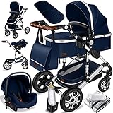 KESSER® Loops 3 in 1 Kinderwagen Kombikinderwagen Komplett-Set inkl. Babywanne & Buggy Sportsitz & Auto-Babyschale Voll-Gummireifen Wickeltasche Regenschutz Kindertisch ECE R129, Blau/Silber