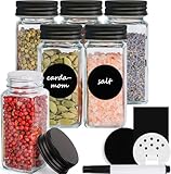 Happy Lemuro Gewürzgläser Eckig 120ml [6er Set] Gewürzgläser mit Streueinsatz, Metalldeckeln, Labels in Schwarz | Gewürzbehälter Set, Gewürzaufbewahrung, Gewürz Organizer