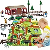Peagprav Bauernhof Spielset | Mini Scheune | Bauernhof Spielzeug | 119 Teile | Tierfiguren aus Kunststoff und Zaun mit Karte, Bauernfahrzeugfiguren und LKW mit Anhänger