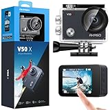 AKASO Action Cam 4K30FPS Unterwasserkamera WiFi 40M EIS Anti-Shake Action Kamera 4X Zoom mit Touchscreen, Fernbedienung, Sportkamera Wasserdicht Gehäuse,Helmzubehör-Kit V50X