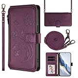 HAOFUGUI Wallet Hülle für Samsung Galaxy S6 Edge, Schockfeste PU-Leder Flip-Cover, mit Kartenfächern Ständer Schultergurt, Frauen Mädchen Schmetterlings Blumen Handyhülle-Dunkelviolett