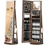 NUNU LAB LED-Spiegel, Schmuckschrank, stehend, Schmuck-Organizer mit drehbarem Ganzkörperspiegel und verstellbaren LED-Lichtern, abschließbarer Schmuckschrank, 360° drehbar, Schmuckaufbewahrung, Braun