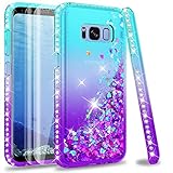 LeYi Hülle für Galaxy S8 Glitzer Handyhülle mit Full Cover 3D PET Schutzfolie(2 Stück),Diamond Rhinestone Bumper Schutzhülle Case für Samsung Galaxy S9 Handy Hüllen Gradient Turquoise Purple