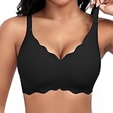 Jiuday Damen BH ohne Bügel Spitzen Soft BH Große Brüste Starker Halt Push Up Bügelloser BH Gepolstert Seamless Bequemer Nahtloser Bra V-Ausschnitt Minimizer Bralette (Schwarz,2XL)