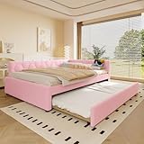 Daybett. 140*200cm Tagesbett. Schlafsofa. Bett mit Lattenrost (ohne Matratze). mit Nachttischlampe. mit multifunktionalem Ausziehbett. USB-Anschluss. Typ-C. Komfortmaterial. Vliesimitat. Rosa