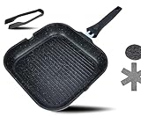 DIVORY Grillpfanne 28x28cm mit Ausguss und abnehmbaren Griff - Steakpfanne induktion - beschichtete Pfanne für den Grill inkl. Grillzange und Pfannenschoner