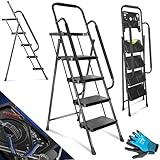 MASKO® Trittleiter Klappleiter 4 Stufen-Leiter mit Handläufen Stufenleiter belastbar bis 150 kg Tritthocker Anti-Rutsch | Klapptritt Leiter + Handschuhe Werkzeugablage & automatisches Schloss, Schwarz