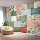 Tapete Fototapete Retro Ländlich Blumenmuster Patchwork, Tapeten Wanddekoration Wohnzimmer Schlafzimmer Büro Flur, Bunt Vliestapete Wandtapete Bildtapete Wand Dekoratio 250 x 175 cm
