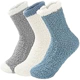 Fuzzy Damen-Socken, gemütlich, Winter, Hüttenpantoffeln, warm, weich, dick, bequem, 3 Paar, Patchwork, lange Polsterung, blau, Einheitsgröße
