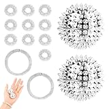2 Igelball Massage + 10 Akkupressurringe + 2 Akupressur Armbänd, Skills Borderline Set, 32 mm Magnetic Massageball, Metal Spiked Igelbälle & Massageringe zum Stress Relief für Finger Hände