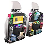 Carehabi Rückenlehnenschutz Auto Kinder mit 10 Zoll iPad/Tablet-Tasche, 600D Oxford Stoff Wasserdicht Autositz Rücksitz Organizer Autositzschoner Rückenlehne, Schwarz, 2 Stück