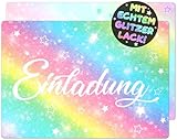 12x GLITZER Regenbogen EINLADUNGSKARTEN KINDERGEBURTSTAG Mädchen Junge - die Rainbow PARTY Karten sind die Regenbogen EINLADUNG für Mädchen Kinder GEBURTSTAG Einladung Regenbogen Glitzerlack Sterne
