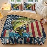 Patriotisches amerikanisches Wildtier-Bettwäsche-Set, Angelthemen-Bettwäsche für Männer und Outdoor-Enthusiasten (03, Einzelbett 135 x 200 cm + 65 x 65 cm x 2)