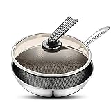 OOMRNV Edelstahl Rühren-Bratpfanne Sauteuse mit Hilfsgriff und Deckel Mehrzweck Edelstahl Wok,