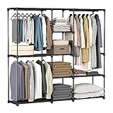 SONGMICS Kleiderschrank, Kleiderständer, freistehende Garderobe, mit Kleiderstangen, Garderobenständer, Stoffablagen, Metallrahmen, 182 x 43 x 182 cm, tintenschwarz RYG037B02