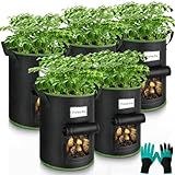 Enbagold Kartoffel Pflanzsack, 5 Stück 40L Pflanzsäcke mit Gartenhandschuhe, Vliesstoff Pflanztasche mit Griffe und Sichtbarem Fenster, Pflanztopf für Kartoffeln, Tomaten, Erdbeeren
