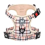 PoyPet Keine Pull Hundegeschirr Front Reflektierende Pet Weste für Hunde mit Einfache Kontrolle Griff und Rückseite perfekt für den täglichen Training, Walken, Running(Kariertes Beige ,S)