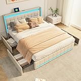 Tanant Polsterbett Bett LED Doppelbett, Kopfteil mit USB Ladefunktion, Stauraumbett 4 Stauraum Schubladen, Leinen Oberfläche, Lattenrost aus Holz, Bett Jugendbett Funktionsbett (Leinen-A 160x200cm)