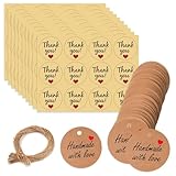 Aiyraa 100 Stück Geschenkanhänger Handmade with Love, Kraftpapier Rund Tags 3cm, Juteschnur 20m, DIY Etiketten für Geschenke, Handwerk, Hochzeit & Weihnachten
