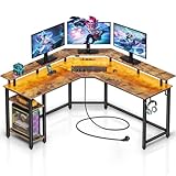 Rolanstar Schreibtisch L Form mit RGB-LED & Steckdosen, 135 cm Computertisch mit Monitorständer & Ablagefläche, Reversibler Eckschreibtisch mit 2 Haken, perfekt für Schlafzimmer Büro, Vintagebraun