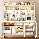 Mikrowellenständer mit Ablage, Klapptür, Stecktafel und Zubehör, großes Metall-Bäckerregal für Küchen auf bremsbaren Rollen, 103 cm Größe