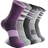 EBMORE Damen Merino Wollsocken Thermosocken Wandersocken Warmesocken Wintersocken Dick Wolle Sportsocken Arbeitssocken für Outdoor 5 Paar Geschenke(Streifen A Violett,M)