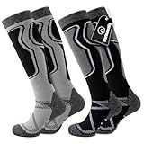 Effeet 2 Paar Skisocken aus Merinowolle für Herren Damen, Warme Gepolsterte Thermosocken Weich Winterstrümpfe, Kniestrümpfe mit Polsterung für Snowboarden Skifahren Jagen Wandern Grau & Schwarz 43-46