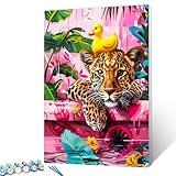 Malen nach Zahlen für Erwachsene, Motiv: Leopard mit gelber Gummiente auf ihrem Kopf, Bild, Leinwand, rosa Badewanne, DIY-Ölgemälde-Kits, Acrylfarben für Zuhause, Wanddekoration, Kunst, Handwerk,