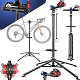 tectake® Fahrrad Reparaturständer Montageständer, Bike Stand für Fahrräder, Rennrad, Schnellspannsystem, 4 Punkt Ständerfuß, Zubehör magnetische Werkzeugablage, höhenverstellbar, klappbar