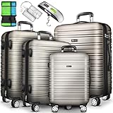 tillvex® Reisekoffer Set 4-teilig mit Gepäckwaage, Koffergurte und Kofferanhänger | Hartschale Kofferset 4 Rollen | Trolley Gepäck Koffer TSA Schloss | Hartschalenkofferset S-M-L-XL (Champagner)