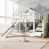 LATICO Kinderbett Etagenbett 90x200 cm für 2 Kinder, Hausbett Hochbett mit Rutsche & Treppe Staufach Stauraum, Holzbett Bettgestell mit Rausfallschutz und Lattenrost, Fenster, Ohne Matratze, Weiß