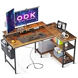 ODK L-förmiger Schreibtisch mit USB-Ladeanschluss & Steckdose, Eckschreibtisch Gaming mit Regalen Reversibel, L-förmiger Computertisch mit Monitorständer für Büro, Heimbüro, Braun, 120x80x88cm