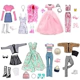 28 Stück Kleidung und Zubehör Kompatibel mit Barbie 11.5 Zoll Doll 8 Outfits Kleid Casual Wear Fashion Set Pailletten Set 8 Schuhe 12 Zubehör Tasche Hut Dekorationen Weihnachten Geschenke für Mädchen