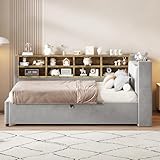 LANTRO JS Ottomanbett, Bubble Bett, mit Nachtlicht, USB- und Typ-C-Ladeanschluss, Samtstoff Bettsofa Mit Ablagen und Staufächern, Hellgrau