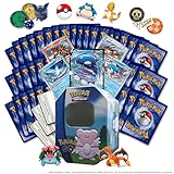 Pokemon XXL Geschenkset, 200+ zufällige Karten, inkl. 1 V/EX Karte, 20 Holo/Reverseholo Karten, 2 Pokemon Minifiguren, 1 Tin Box zur idealen Aufbewahrung, 65 Originale Pokemon Sleeves und viel mehr!