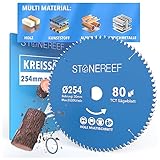 STONE REEF Sägeblatt 254x30 - Kreissägeblatt [inkl. Adapter auf Bohrung 20 &16mm], kompatibel mit Winkelschleifer von Bosch, Makita usw. - Sägeblatt Kreissäge Nagelfest - für Holz, Metall & Alu
