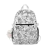 Mädchen-Rucksack für Damen, große Kapazität, Schultasche, Teenager, Laptop-Rucksack, lässiger Tagesrucksack, Schwarz und Weiß mit Anhänger