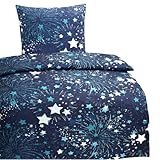Hochwertige Biber Bettwäsche Baumwolle Sterne Blau 2tlg. 4tlg. 135x200 80x80 Set 2tlg