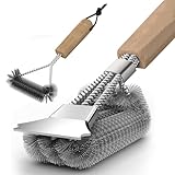 Grillbürste (2 Stück), Grill Reinigungsbürste mit Holzgriff, 39cm Grillbürste mit Edelstahl Schaber, dichte Edelstahlborsten, Dreieckig 360° Grill Drahtbürste Grillzubehör