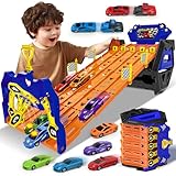 BuzzoXerex Auto Rennbahn für Kinder, Transport LKW mit 5 Autos, Portable Spielzeug Autorennbahn Auto Raceway, Spielzeug Race Truck Geschenk für Jungen 3 4 5 6 7 8 Jahren