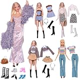 17 Kleidung Kompatibel Set mit Barbie Puppen, 1 Mode Abendkleid Set 1 Denim Röcke 3 Stricktop 2 Röcke 1 Hose 3 Halszubehör 1 Bag 5 Shoes für 11.5 Zoll Puppen Mädchen Geschenk Zufällig