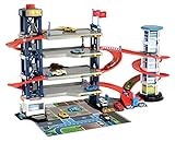 Dickie Toys Parking Garage, Parkgarage, Spielset, Parkhaus, 4 Etagen, Aufzug, 4 Die-Cast-Fahrzeuge, 1 Helikopter, Licht & Sound, inkl. Batterien