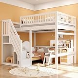 Etagenbett 140x200, Kinderbett Hochbett mit Treppe und Aufbewahrungsschrank, Funktionsbett Doppelbett Stockbett Spielbett Kinderhochbett Jugendhochbett mit Lattenrost, Massivholz, Ohne Matratze, Weiß