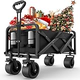 Bollerwagen Faltbar mit Bremsen, 200KG Shopping Trolley mit All-Terrain Extra Breiten Rädern und Bremse, Verstellbarer Griff und Abdecktasche, 155L Campingwagen für Picknick am Strand Camping Einkauf