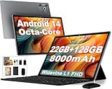 Dghrti Tablet 10 Zoll Android 14, 22GB RAM 128GB ROM/TF 1TB, Octa-Core Prozessor, 8000mAh, BT5.0, 8MP+5MP, Dual WLAN, Face ID, Widevine L1, Augenschutz, Tablet mit Tastatur & Maus Metallkörper, Grau