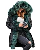 Roiii Dicker, warmer Wintermantel für Damen, mit Kapuze, Daunen-Parka, Fleecefell, Outdoor-Übermantel, lange Jacke, Schwarzer Lampenschirm, X-Small