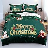 Gezu Bettwäsche Weihnachten 135x200 Dunkelgrün Rot Rentiere Schneeflocken Bettbezug mit Reißverschluss 2 Teilig Super Weich Microfaser Weihnachtsbettwäsche Set und Kissenbezug 80x80 cm